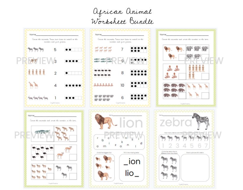 African Animal Worksheet Bundle Counting Sorting Cutting | Etsy