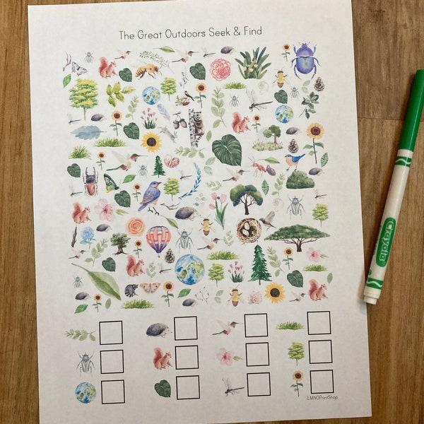 Nature Spring Summer iSpy - Seek & Find Counting Worksheet - Animals Leaves Flowers - PreK Kindergarten Elementary Activity - Watercolor