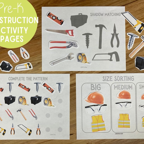 Construction Busy Book Pages - Patterns Sorting Shadow Matching - Tools Boys Activity - Preschool Toddler Printable - Learning Binder PDF