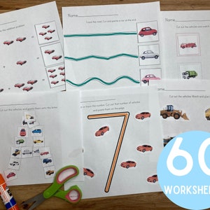 May include: A set of 60 printable worksheets for kids featuring various vehicle-themed activities. The worksheets include tracing, cutting, pasting, matching, and counting activities. The worksheets are designed to help children learn about different types of vehicles and develop their fine motor skills.