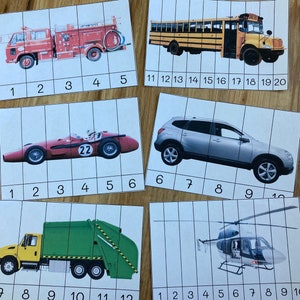 Casse-têtes numéros de voitures et de camions - Camion de pompier, avion, comptage, activité mathématique pour tout-petits préscolaire, maternelle - sac Montessori à imprimer