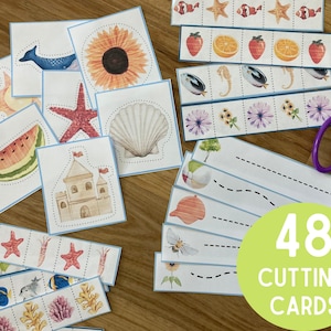 May include: A set of 48 colorful cutting cards featuring various summer-themed images, including a watermelon, a seashell, a starfish, a sunflower, a beach castle, and a seahorse. The cards are printed on white cardstock with blue borders and dotted lines for cutting.