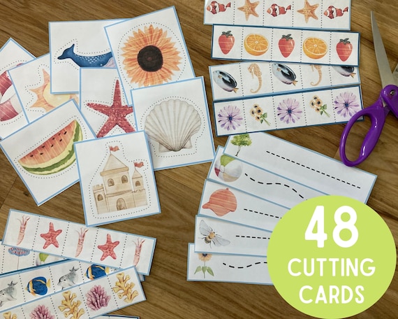 Summer Cutting Practice Strips Cards - Montessori Tray Activity - Preschool Toddler Printable Worksheet - Scissor Skills - Busy Bag Ocean