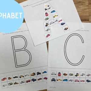 Cars Cut and Paste Worksheets - Printable Transportation Trucks - Preschool Toddler Scissor Skills - Colors Numbers Alphabet Matching - PDF image 7