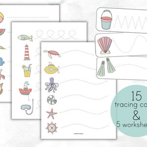 Zomerstrand voorschrijven lijntracering - handschriftoefening - drukke taskaarten - werkbladen - peuter PreK kleuterschool Ocean Fish Busy Book