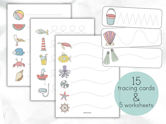 summer beach pre writing line tracing handwriting practice etsy