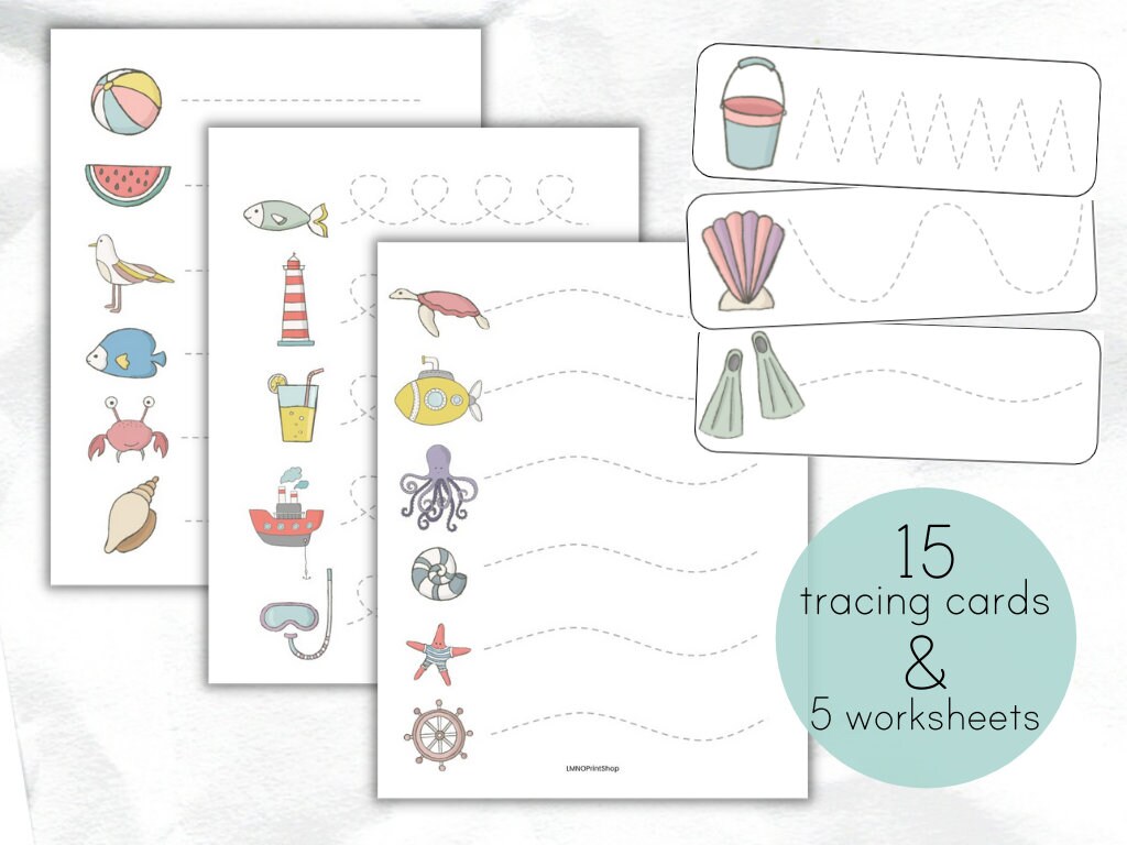 summer beach pre writing line tracing handwriting practice etsy