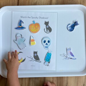 May include: A white tray with a sheet of paper that says "Match the Spooky Shadows!" with various Halloween-themed images, including a ghost, a pumpkin, a cat, a witch's hat, a skull, a candy corn, an owl, and a candy cane.  A child's hand is reaching for a crescent moon shape.