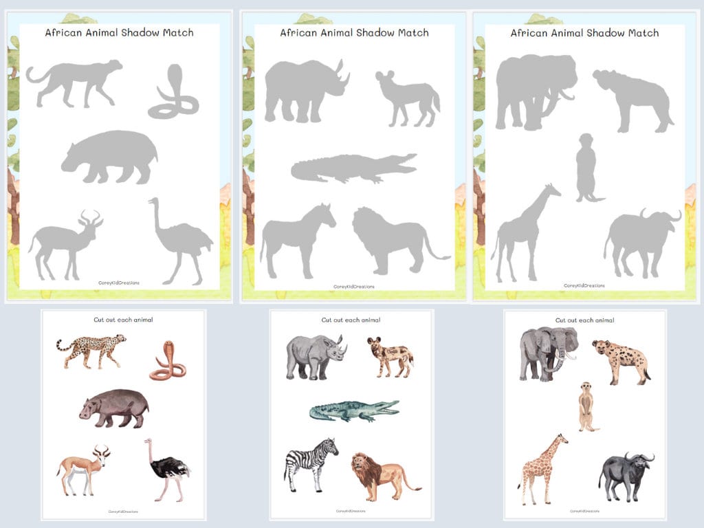 African Animals Shadow Matching - Preschool Printable Busy Book Binder ...