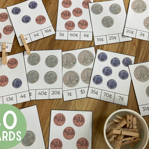 Money Coin Counting Clip Cards - Kindergarten 1st 2nd Grade Math Currency Montessori Activity - Busy Bag Educational Game - PRINTABLE