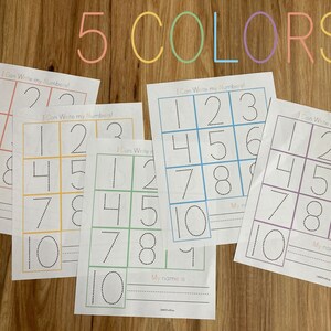 May include: Five printable worksheets for practicing writing numbers 1 through 10. Each worksheet features a different color: pink, orange, yellow, green, and purple. The worksheets have dotted lines to guide the user in writing the numbers.
