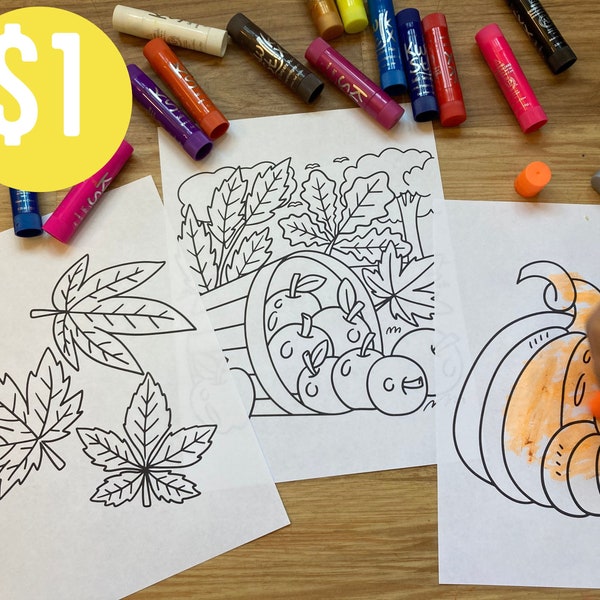 Fall Autumn Coloring Pages - Printable PDF Sheets - Toddler Preschool Kindergarten - Harvest Apples Pumpkins Thanksgiving - Motor Skills