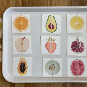 Cartes de symétrie de tranches de fruits - activité préscolaire assortie - sac occupé Montessori - compétences de vie pour tout-petit - nourriture d'apprentissage imprimable - puzzles