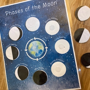 Phases of the Moon - Learning Printable - Busy Book Activity Page - PreK Kindergarten Elementary Science - Homeschool Unit Study - Space