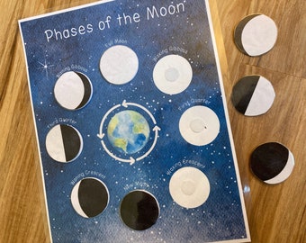 Phases of the Moon - Learning Printable - Busy Book Activity Page - PreK Kindergarten Elementary Science - Homeschool Unit Study - Space