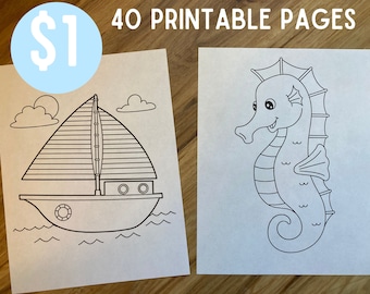 Dibujos para colorear de verano - Hojas para colorear - Animales marinos - Peces, playa, tiburones - Actividad para preescolar, jardín de infantes - PDF