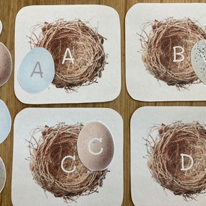 Cartes d'activités alphabet assorties dans un sac occupé - nid d'oeufs d'oiseau - lettres pour tout-petits préscolaire maternelle - étude de la nature Montessori