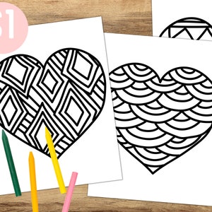May include: Heart-shaped black and white patterned coloring pages. The designs feature geometric shapes. Colouring pencils are in the foreground. A pink circle with "$1" is in the top left corner.