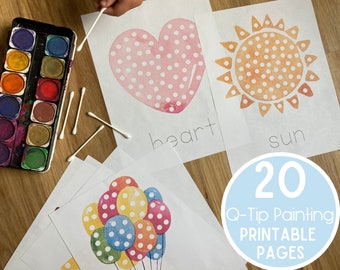 Op de afbeelding: Een set van 20 printbare Q-tip schilderpagina's met verschillende vormen en ontwerpen, waaronder een hart, een zon en ballonnen. De pagina's zijn ontworpen voor kinderen om hun fijne motoriek en creativiteit te oefenen.