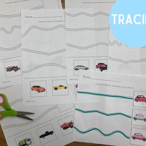 Cars Cut and Paste Worksheets - Printable Transportation Trucks - Preschool Toddler Scissor Skills - Colors Numbers Alphabet Matching - PDF image 3