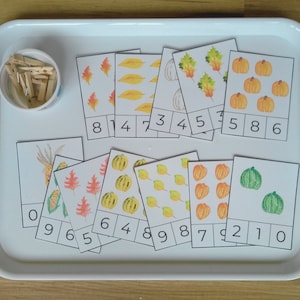 Cartões de recorte de números de outono e outono - Pré-escola para impressão - Atividade de contagem matemática Montessori - Educação domiciliar - Jardim de infância - Unidade de folhas de abóbora