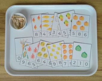 Cartes à clip numéro automne automne - préscolaire imprimable - activité de comptage de mathématiques Montessori - école à la maison - jardin d'enfants - unité de feuilles de citrouille