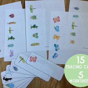 Bugs voorschrijven lijntracering - insecten vlinders - peuter kleuterschool handschriftoefening - kaarten druk boek - werkblad lente zomer