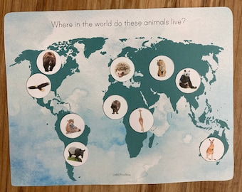 May include: A world map with animal pictures on it. The text "Where in the world do these animals live?" is at the top of the map.