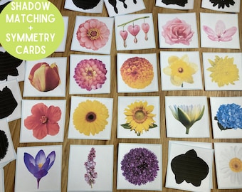 Kaartenset Flower Shadow Matching EN symmetrie - Montessori-activiteit - Natuur lente zomer - PreK Elementary Science - Unit Study Homeschool