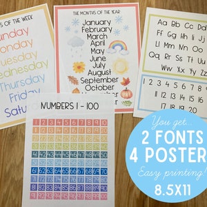 Homeschool Elementary Poster Set - Number Chart Alphabet Letters - Days of the Week - Months of the Year - Classroom Printable - Education