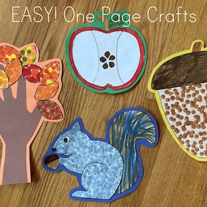 Fall Crafts - Autumn One Page Activity - Build a Squirrel Acorn Apple Handprint Tree - Kindergarten Art - Preschool Toddler - Kids Printable