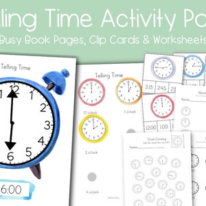 Pacchetto di attività Time Telling Busy Book Bag - Schede didattiche con clip - Ora Minuto - Scuola materna Asilo Nido 1° Grado - Matematica Montessori