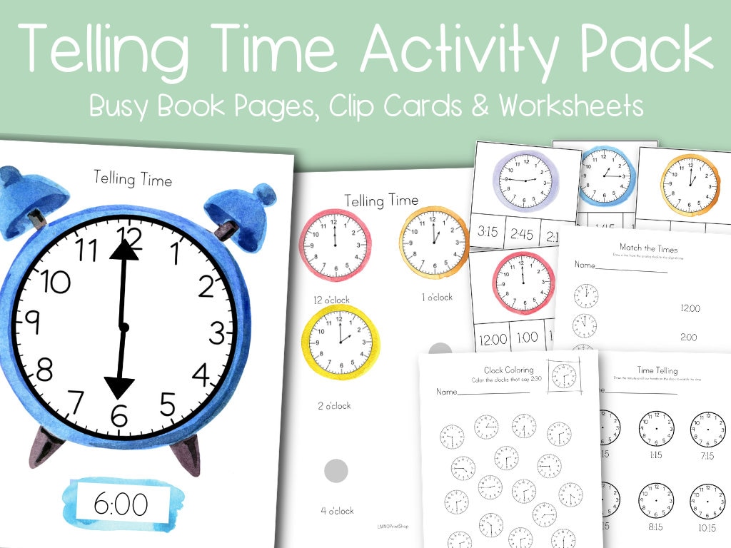Time Telling Busy Book Bag Activity Bundle - Worksheets Clip Cards ...