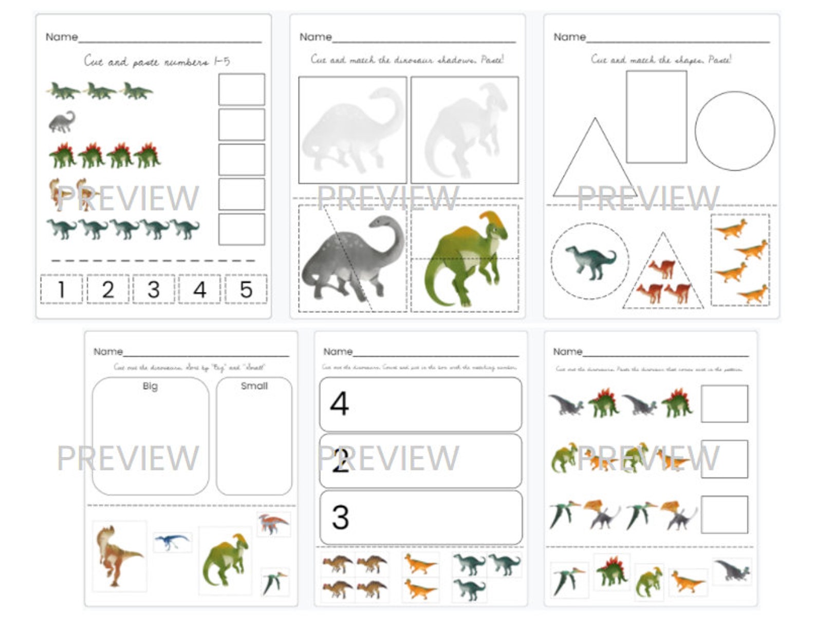 Dinosaur Cut & Paste Worksheet Bundle Shapes Numbers | Etsy