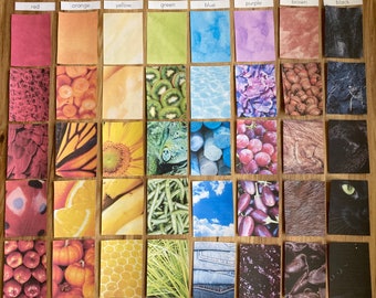 May include: A set of 36 color swatches with images representing each color. The colors are red, orange, yellow, green, blue, purple, brown, and black. Each color swatch has a different image, such as roses, carrots, sunflowers, kiwi, water, grapes, wood, and a black cat.