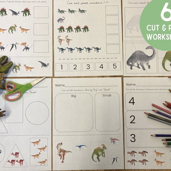 Dinosaur Cut & Paste Worksheet Bundle - Shapes, Numbers, Counting, Scissor Practice Toddler/Preschool/Kindergarten Activity