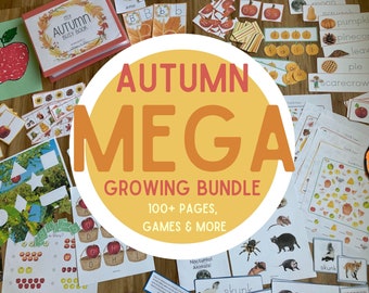 May include: A colorful image with the text "AUTUMN MEGA GROWING BUNDLE 100+ PAGES, GAMES & MORE" in a yellow circle. The image includes various educational resources for children, such as printable worksheets, games, and activity cards. The resources feature autumn-themed images, such as leaves, pumpkins, and scarecrows.