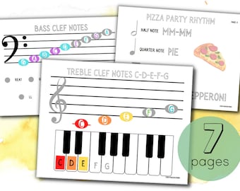 May include: A collection of music education printables. The pages feature musical notes, clef symbols, and a piano keyboard graphic. One page shows a pizza slice and the words "Pizza Party Rhythm". The set includes 7 pages.