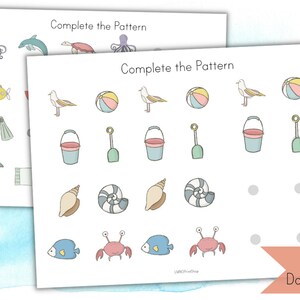 Beach Ocean Busy Book Page - SUMMER Complete the Pattern Activity - Toddler Preschool Kindergarten File Folder Game - Learning Binder Math