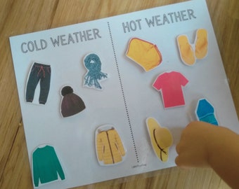 Separação de roupas para clima quente e frio, atividades para a vida, livro de atividades, página de encadernação - pré-escola, jardim de infância, primavera, verão e inverno, impressão