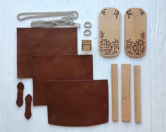 DIY kit bag. A set of materials for the bag - genuine leather and wood. Handicraft kit for adults