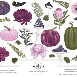 Dark Fairy Garden clipart set, Halloween, fairy flowers, pumpkins, skulls, mushrooms