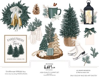 Evergreen Clipart set, Digital download, printable art, holiday, winter, greenery, planner