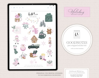 Holiday Bucket List Stickers for GoodNotes, pre cropped, digital planner stickers, holiday theme, pink and green