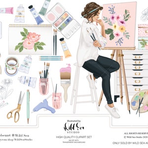 Kunstzinnige clipartset, kunstenaar aanbod clipart, meisje schilderij, bloemen, digitale stickers, afdrukbare kunst, digitale download