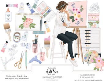Artsy Clipart Set, Artist supply clipart, girl Painting, floral, digital Stickers, printable art, digital download