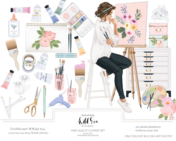 Artsy Clipart Set, Artist supply clipart, girl Painting, floral, digital Stickers, printable art, digital download