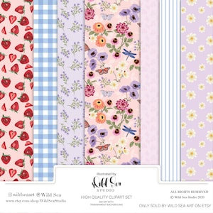 Summer Digital Paper set, Digital download, printable art, picnic, floral, butterflies, summer, spring, strawberry