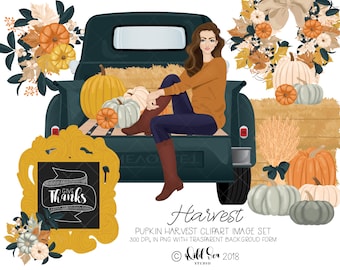 Pumpkin Harvest Clipart Image set, png, 300 dpi, Pumpkins, truck, girl, fall, Autumn, Floral