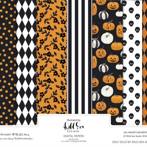 Orange and Black Halloween Digital Paper set, pumpkin, skull, stripe, floral